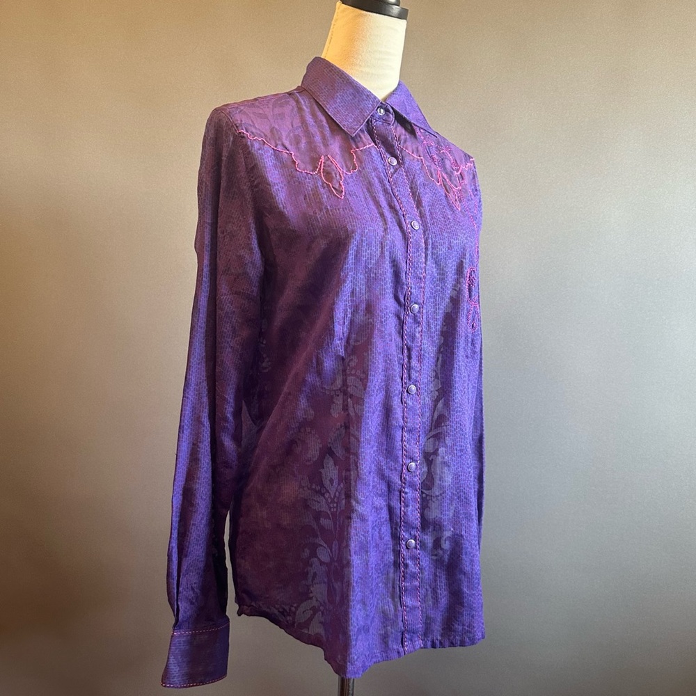Women's Wrangler Snap Button Embroidered Sheer Shirt Purple Pink Sz M - Picture 4 of 12